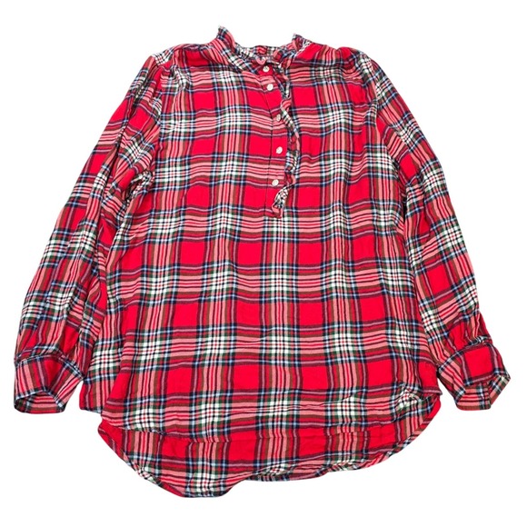 crown & ivy Tops - Crown & Ivy Plaid Top Women's Size M Red Blue Ruffle Henley‎ Rhinestone Buttons